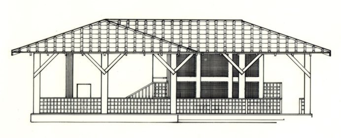 ink on mylar conceptual design drawings of a performance pavillion in a park