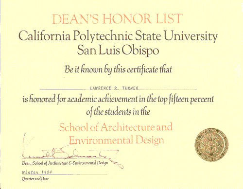 Deans Honor Roll School of Architecture and Environmental Design California Polytechnic State University San Luis Obispo