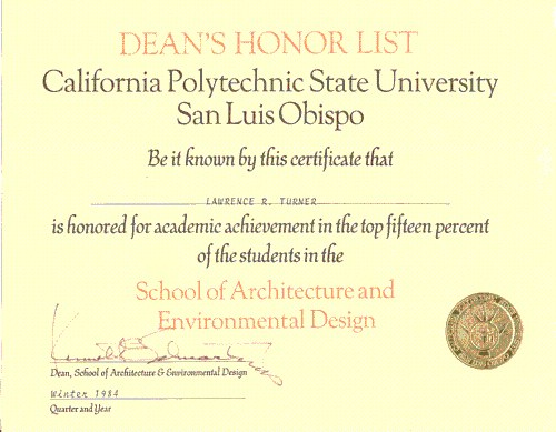 Deans Honor Roll School of Architecture and Environmental Design California Polytechnic State University San Luis Obispo
